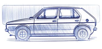 Bản phác thảo thiết kế Volkswagen Golf I. Giorgetto Giugiaro - bậc thầy của những đường thẳng đã định hình tỷ lệ vàng ngay từ giai đoạn đầu.